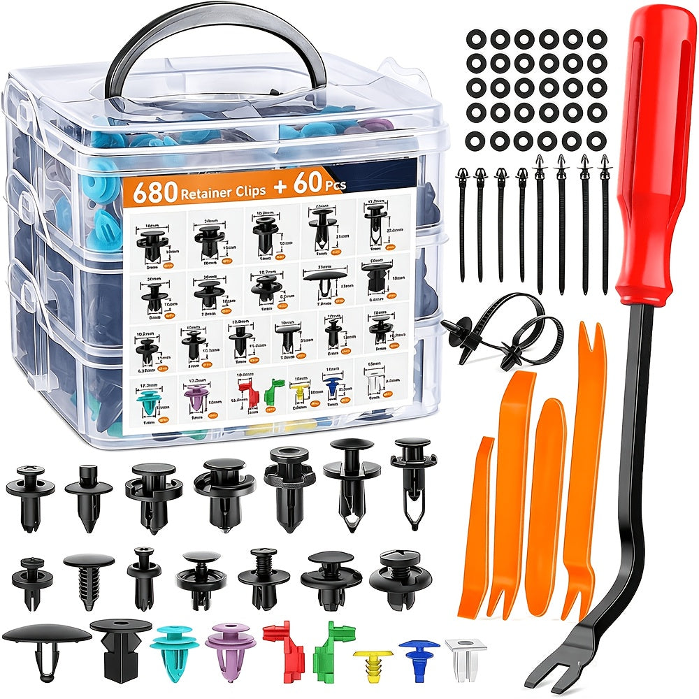 740pcs Of Tools, Universal Automotive Bumper Fixing Clips, Car Door Panel Clips, Push Fender Rivet Expansion Screws Replacement Kit, Automotive Fastener Assembly with Fastener Removal Tools