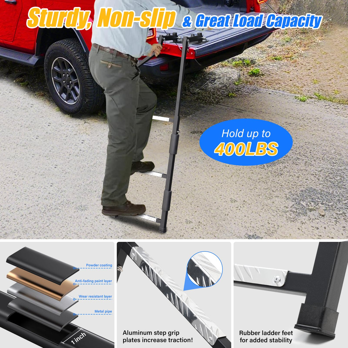 1pc Pickup Truck Tailgate Ladder - Universal Fit, Stainless Steel Self Drilling Hex Screws for Easy Install, Durable Aluminum Step Grip Plates, and Sturdy Rubber Ladder Feet, Vehicle Access, Offroad Accessory, Heavyduty Design, Reinforced Steps