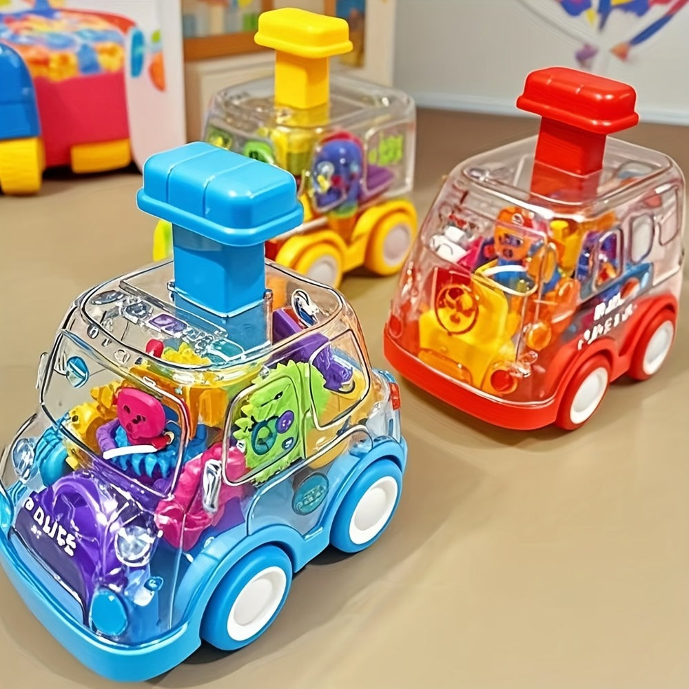 Gear Toy Cars for Toddlers 3-Pack, Transparent Body See-Through Gear Mechanism Push-and-Go Vehicle Set, Red Yellow Blue Police Cars, Educational STEM Toy for Kids Ages 2-6, Birthday Gift for Boys Girls
