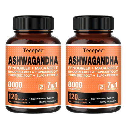 Ashwagandha Capsules 7-in-1 Adaptogen Blend 120ct with Maca Root Rhodiola Rosea Ginseng — Natural Stress Relief Cortisol Support Energy Focus Nerve Health Supplement for Men Women 1 & 2 Bottle