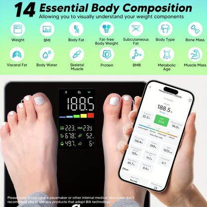 Smart Body Scale 14-in-1 – Body Fat Scale with BMI, Muscle Mass & 14 Health Metrics, Wireless Bluetooth App Sync, Auto Recognition, 500 lb Capacity, HD LED Display for Home & Gym Use