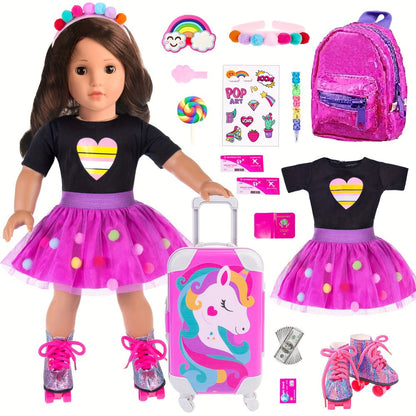 18 Inch Doll Travel Accessories Set 25 Pcs – Unicorn Suitcase Roller Skates Backpack Outfit Hairpins School Supplies, Fits American Girl & Most 18 Inch Dolls, Birthday Christmas Gift for Girls Ages 3-12 No Doll