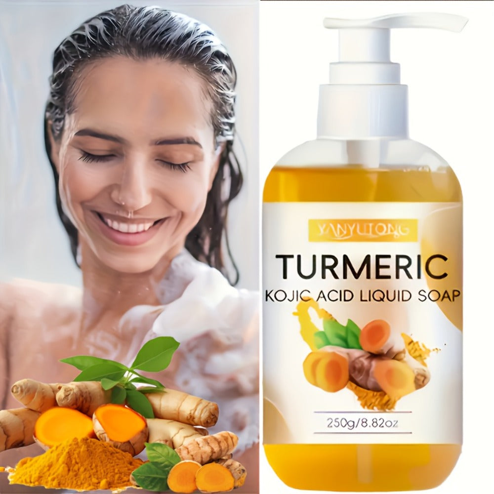 Turmeric Kojic Acid Liquid Soap 250g – Skin Brightening Body Wash for Dark Spots, Even Skin Tone, Deep Cleansing Rich Foam, Long-Lasting Fragrance, Gentle for All Skin Types