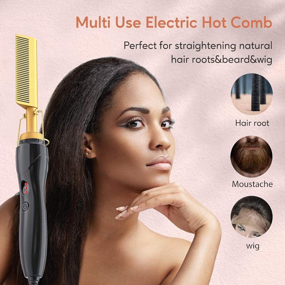 Hot Comb Hair Straightener 2-in-1 Ceramic Heated Brush — Anti-Burn Electric Pressing Comb for Natural Hair & Beard, Portable Curling Iron for Home & Travel, Gold
