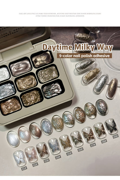 Fairy Powder Nail Art Gel Set 9 Colors Galaxy Milky Way – Nine-Grid Special Effect Shimmer Gel Polish Alcohol Free UV LED Soak Off, Long Lasting Glitter Nail Gel for Salon & DIY Home Women