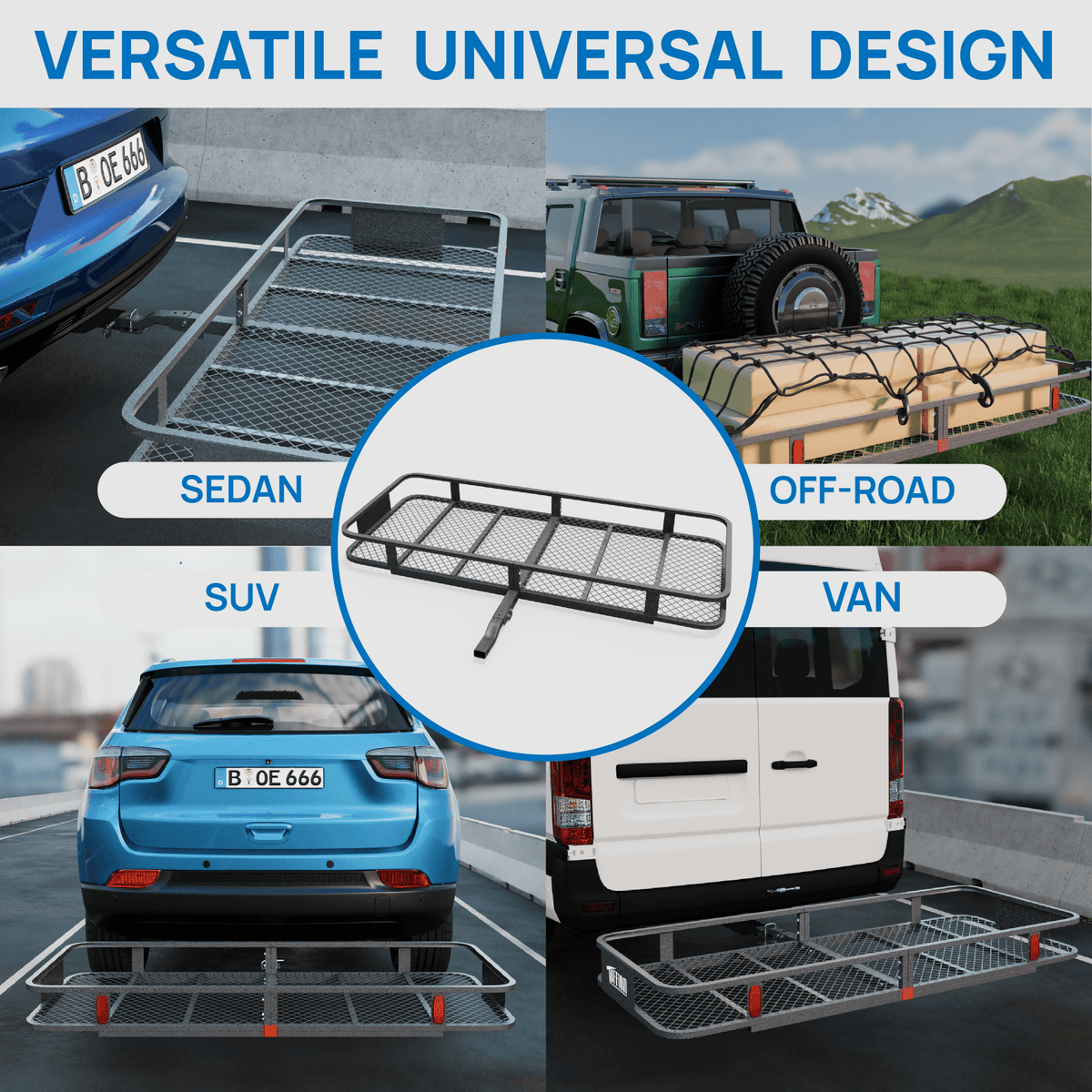 60" L x 20/24" W x 6" H Hitch Mount Cargo Carrier Folding Rack, 500lbs Heavy Duty Trailer Steel Luggage Basket with Waterproof Cargo Bag, Straps, Net & Stabilizer for Camping Travel