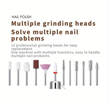 Electric Nail Drill Cordless USB Rechargeable 12 Bits Sanding Bands Manicure Pedicure Kit Low Noise Portable Pen Style Home Salon Beginner Professional Golden White