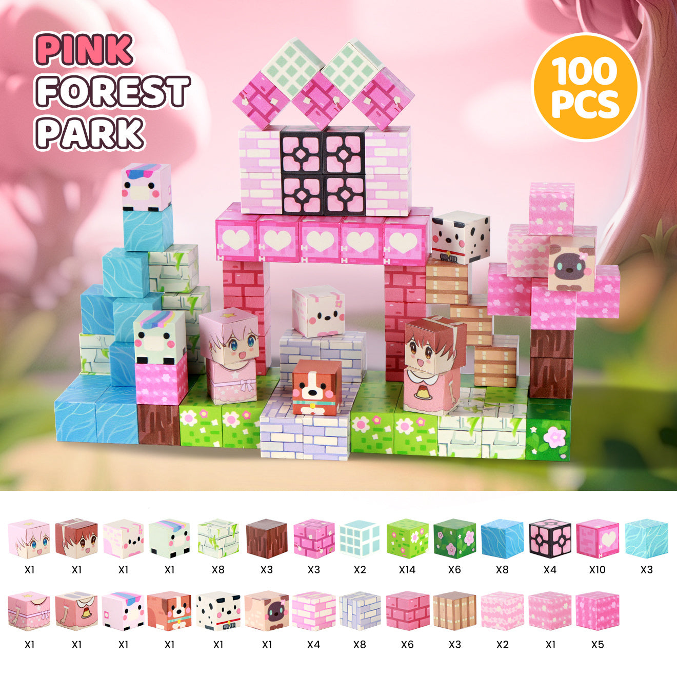 Pink Forest Park Magnetic Building Blocks 100 Piece STEM Set – 3D House Trees & Character Cubes Creative Construction Toy for Imaginative Play Birthday Christmas Gift for Girls Kids Ages 3+