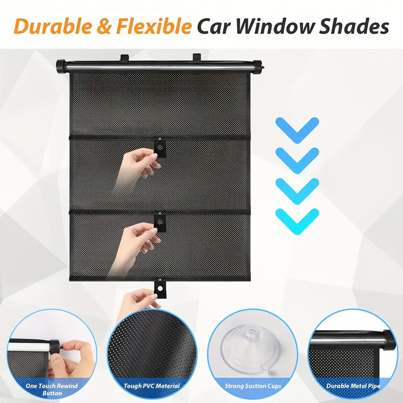 Set of 2 Car Window Curtains with One-Click Storage, Made of PVC in Black. These Retractable Side Curtains Are Easy to Install And Effectively Block UV Rays And Intense Sunlight. They Serve As Anti-Glare Heat Shields