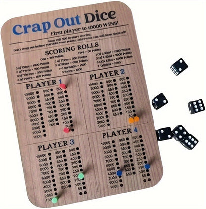 Crap Out Dice Score Board Game 2pcs – 10 Inch Wooden Dice Scoreboard with 6 Dice & 12 Scoring Pegs, Fun Family Dice Game for 1-4 Players, Party Game Night & Gatherings