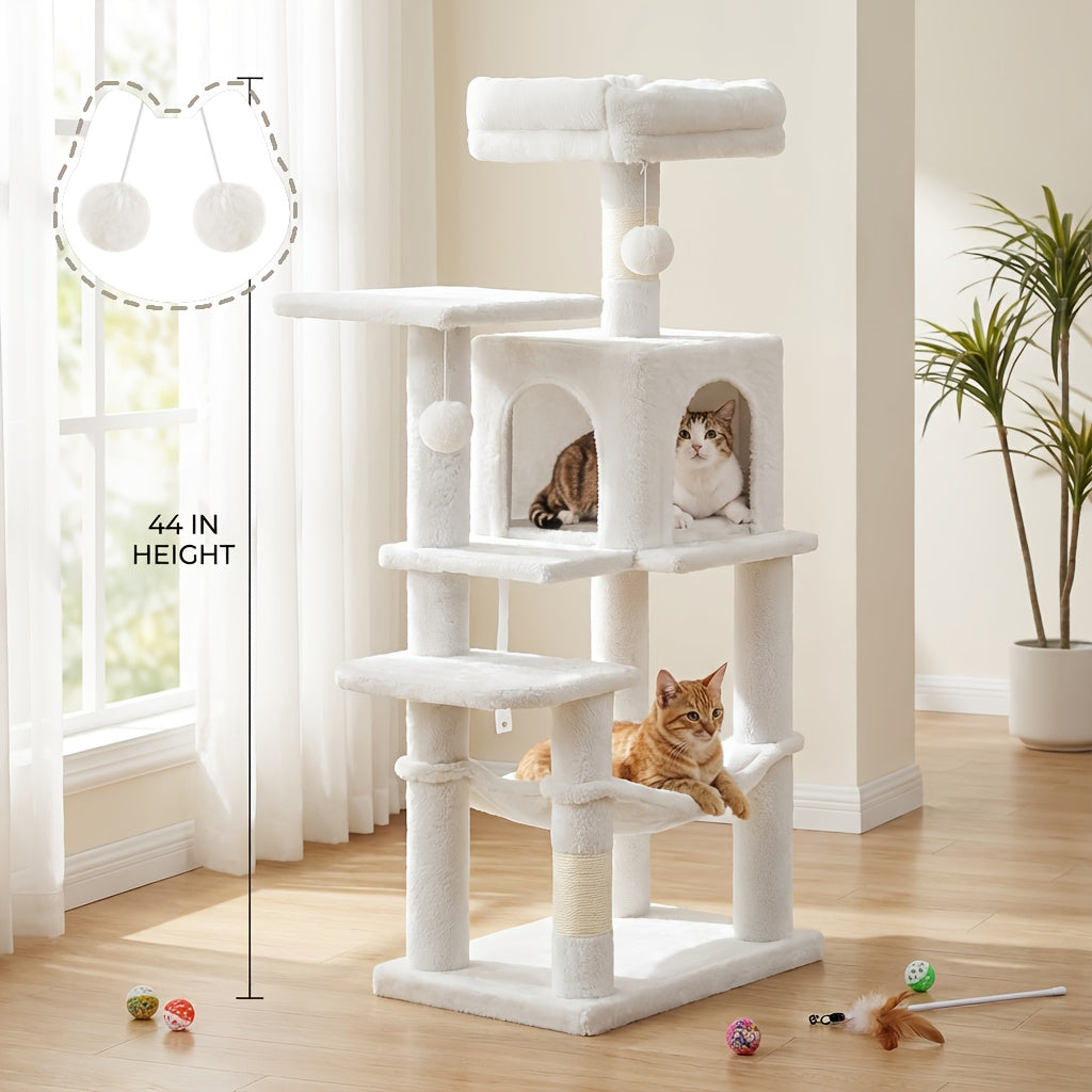 Cat Tree Tower Multi-Level Condo – 44in & 66in with Cozy Cave, Plush Hammock, 4 Sisal Scratching Posts & 2 Perches | Anti-Tilt Stable Cat Playhouse for Multi-Cat Families, Easy Assembly