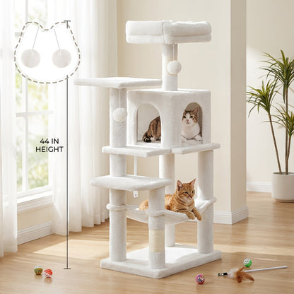 Cat Tree Tower Multi-Level Condo – 44in & 66in with Cozy Cave, Plush Hammock, 4 Sisal Scratching Posts & 2 Perches | Anti-Tilt Stable Cat Playhouse for Multi-Cat Families, Easy Assembly