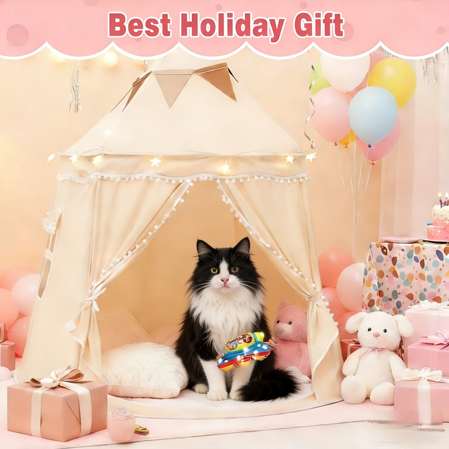 Pop-Up Dome Pet Tent for Large Cats - Automatic Instant Setup Outdoor Indoor Cat Tent House, Available Basic or Deluxe with Mat Star Lights & Flag, Portable No-Assembly Pet Shelter, Patio Garden Use
