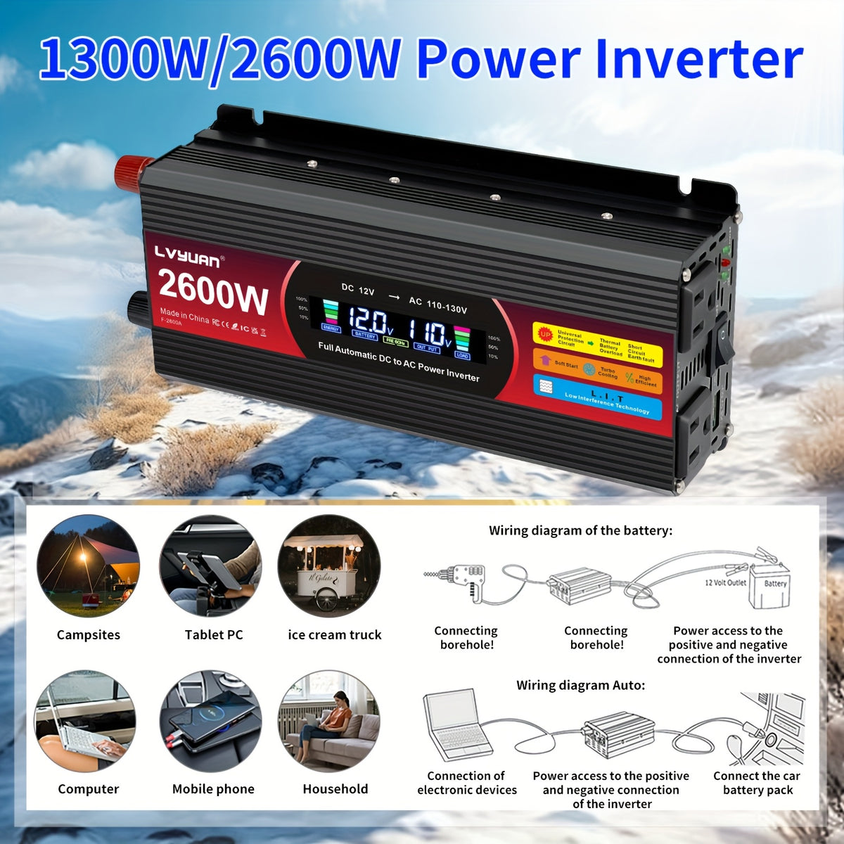 LVYUAN Pure Sine Wave Inverter 3000 Watt/6000W(Peak)Inverter 12V to 110V DC to AC with Remote Controller, LCD Display 4 AC Sockets And 4 USB Charge Ports for Home Car Truck Solar System