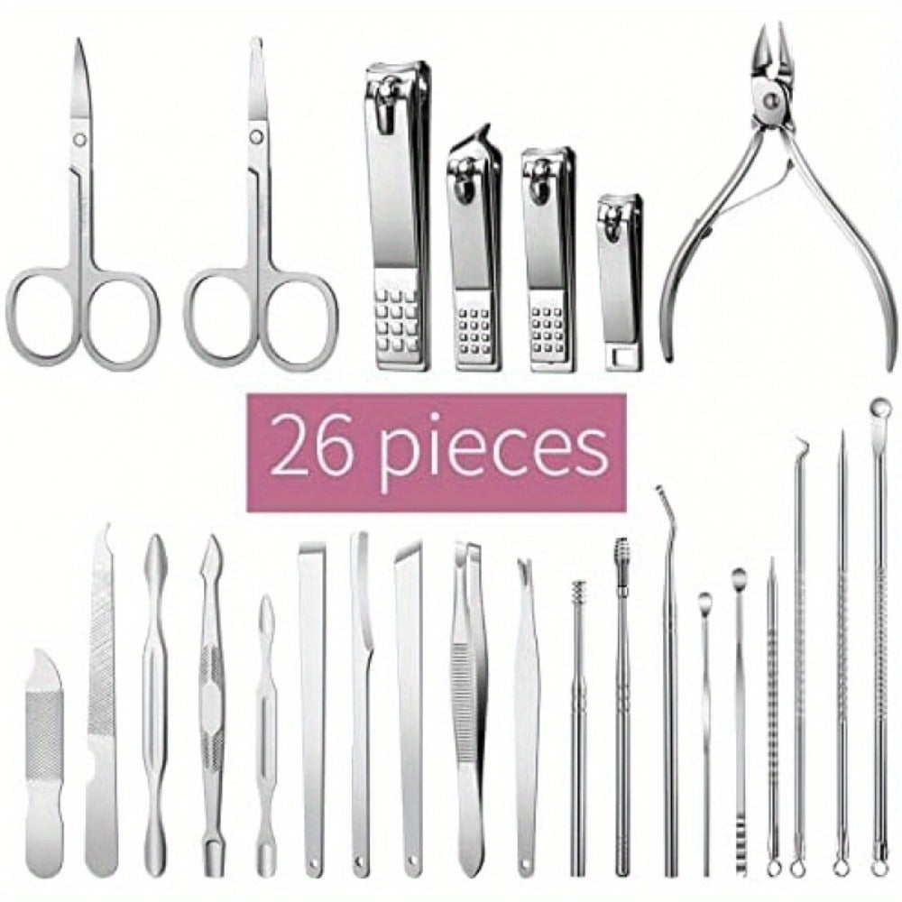 Manicure Pedicure Set 26pcs Pink Stainless Steel – Precision Nail Clippers Cuticle Nipper & Dead Skin Scissors 45° Blade Professional Grooming Kit for Women & Men, Elegant Gift Set Birthday Holiday