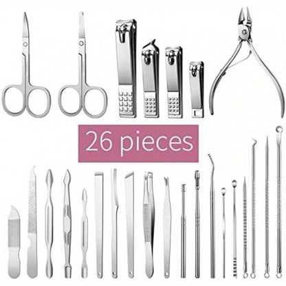 Manicure Pedicure Set 26pcs Pink Stainless Steel – Precision Nail Clippers Cuticle Nipper & Dead Skin Scissors 45° Blade Professional Grooming Kit for Women & Men, Elegant Gift Set Birthday Holiday