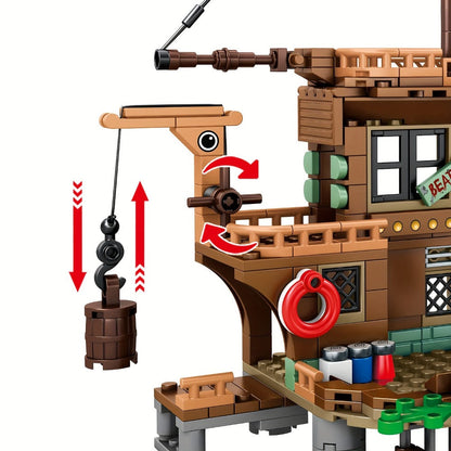Pirate Ship Building Blocks Set 573 Pieces – Pirate's Wharf Supply Center Brick Toy, LEGO-Compatible Adventure Build for Kids & Adults, Birthday Gift for Boys Who Love Pirates & Ships