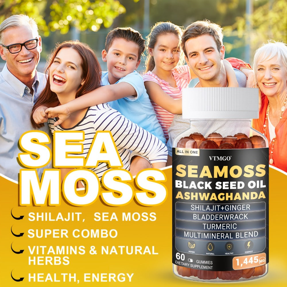 Sea Moss Gummies 1445mg with Shilajit Black Seed Oil Ashwagandha Elderberry Chlorophyll Turmeric Bladderwrack Ginger — 8-in-1 Antioxidant Superfood Supplement for Immunity Energy Gut Health & Wellness 60 Count