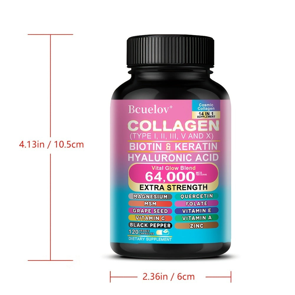 Collagen Capsules Types I II III V X with Biotin Keratin Hyaluronic Acid — Supports Skin Elasticity Hair Growth & Nail Strength | Anti-Aging Beauty Supplement | 120 Capsules