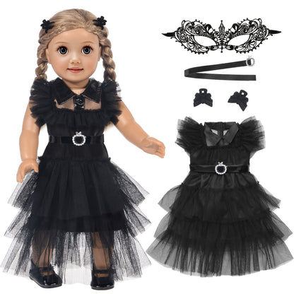 18 Inch Doll Halloween Costume Black Tulle Cake Dress with Black Bow Hair Clip – Movie Inspired Spooky Party Outfit for 16-18 Inch Dolls No Doll Included Creative Gift for Kids Ages 3+ Birthday Halloween