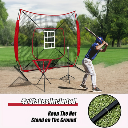 Baseball Practice Net 7x7ft – Complete Hitting & Pitching Training Set with 12 Baseballs, Bow Frame, Batting Tee, and Tote Bag, Portable Backyard Softball Throwing Net for Kids & Adults