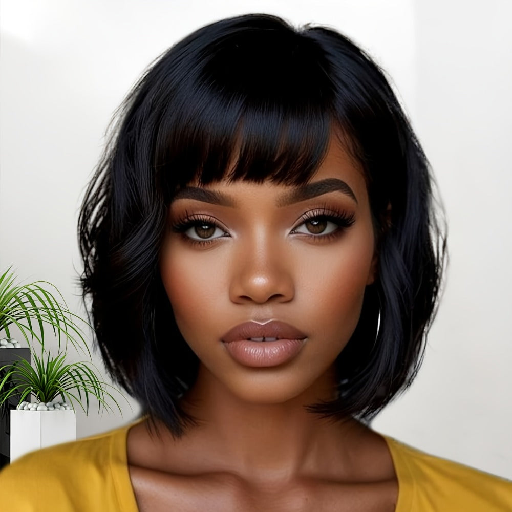 Short Human Hair Wigs for Black Women Curly Pixie Cut Bob with Bangs Brazilian Remy 150% Density None Lace Front Natural Black 8 Inch | Easy Wear Daily Party