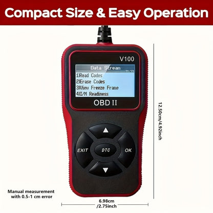 OBD2 Scanner V100 USB Powered - Engine Fault Code Reader & Diagnostic Tool for All 1996+ Vehicles | No Battery Required, Up to 36V