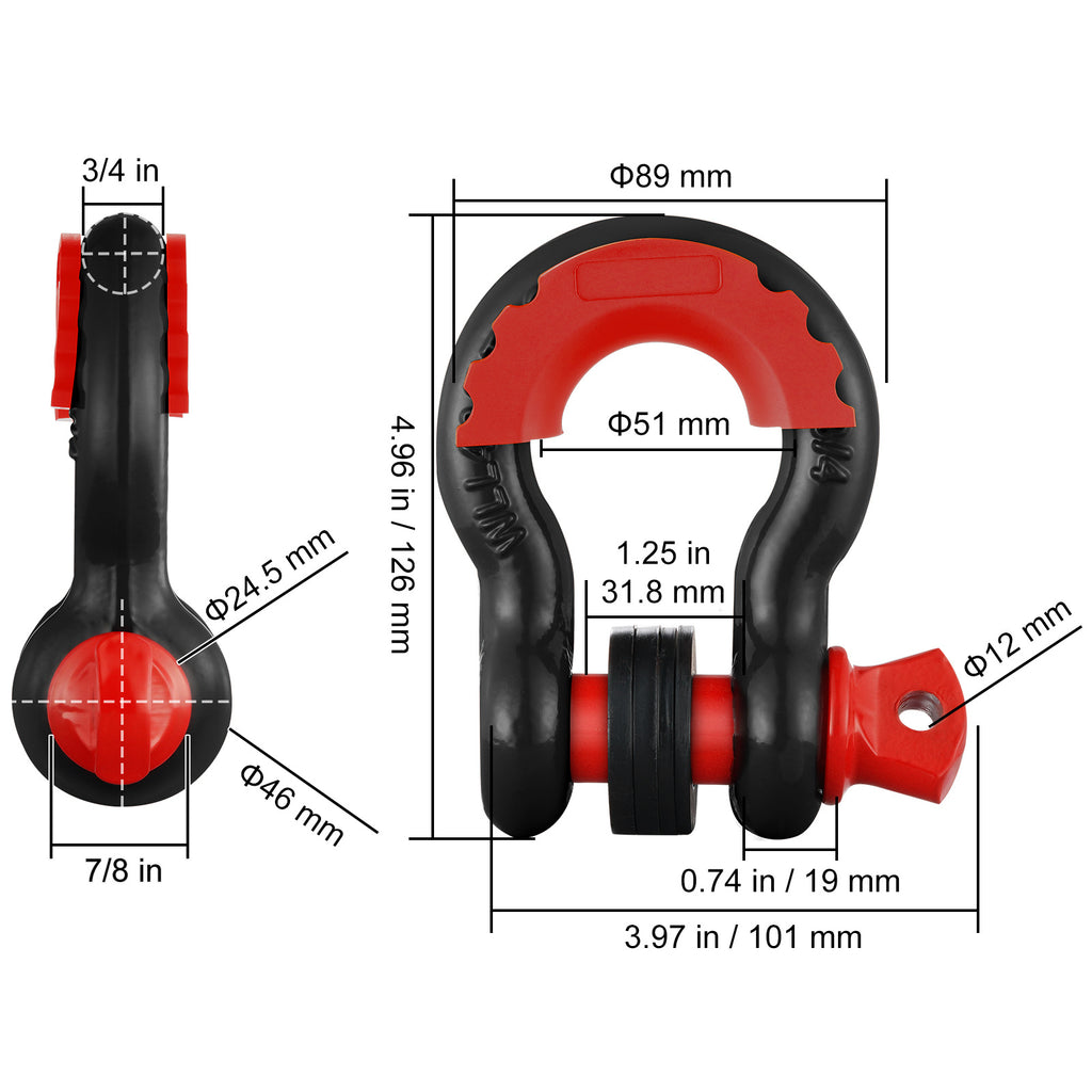 VEVOR 3/4" D-Ring Shackle, 2 Pack Alloy Steel Shackles 62832 lbs (28.5 Ton) Break Strength with 7/8" Screw Pin, Isolators & Washers, Heavy Duty Off Road Vehicle Recovery Shackle for Jeep Truck,Orange/Black/Red