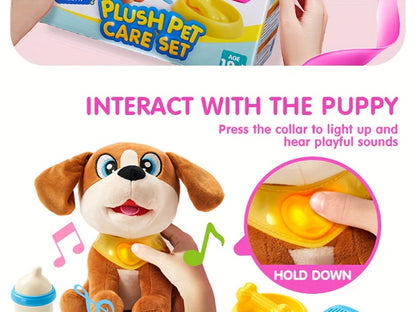 Interactive Plush Dog Toy for Toddlers with Carrier Set Music Lights Sounds Soft Breathing Glow Puppy Pet Toy with Accessories Birthday Gift for Girls 18 Months 2 3 Year Old