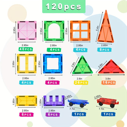 Magnetic Tiles 120pcs with 2 Toy Cars for Kids Ages 3 4 5 6 – Deluxe 3D Magnet Building Blocks Stacking Ramp Set STEM Educational Toy Creative Birthday Christmas Gift Boys Girls