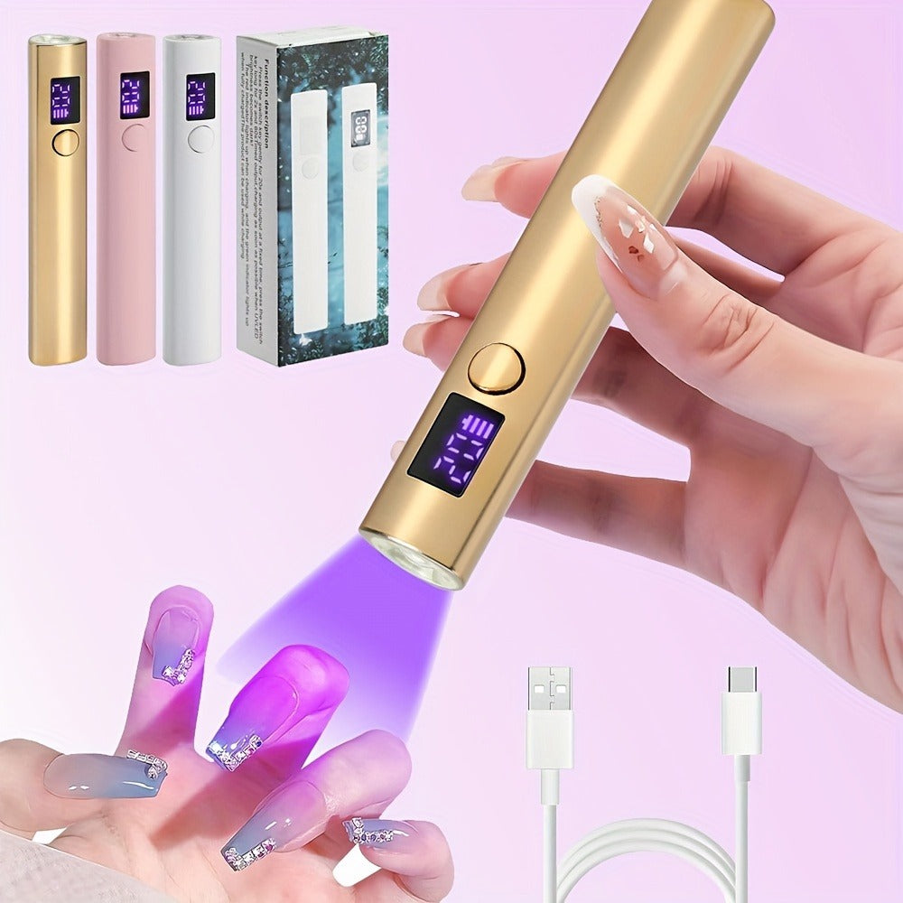 UV LED Nail Lamp Pen-Shape Cordless Rechargeable 365+405nm Gel Polish Curer – Portable Mini Nail Dryer with 2 Timer Modes 20s & 60s for Home Manicure & Nail Art, Gold White Pink