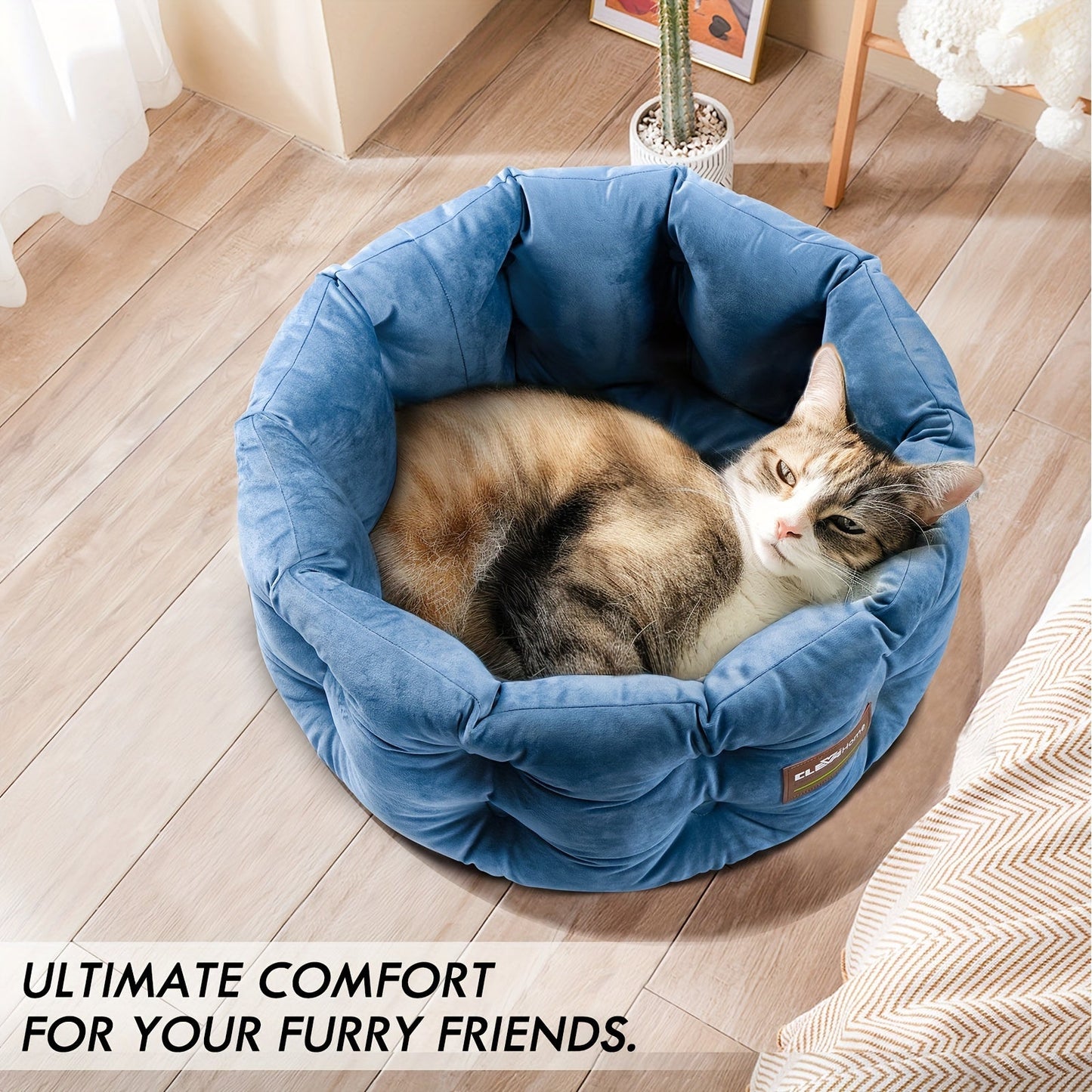 Cat Bed Round Deep Nest for Indoor Cats up to 15lbs, Luxurious Velvet Feel Extra High Sides, Machine Washable Non-Slip Bottom, Cozy Donut Cat Bed 20x20 in Steel Blue & Warm Beige
