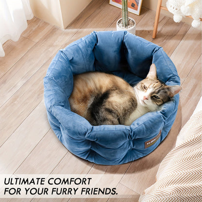 Cat Bed Round Deep Nest for Indoor Cats up to 15lbs, Luxurious Velvet Feel Extra High Sides, Machine Washable Non-Slip Bottom, Cozy Donut Cat Bed 20x20 in Steel Blue & Warm Beige