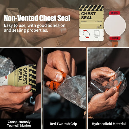 Non-Vented Chest Seal Emergency Trauma Dressing for Sucking Chest Wounds, Portable IFAK Medical Supply PA Nylon FSA HSA Eligible, Pack of 2 or 6 Tactical First Aid Chest Seal