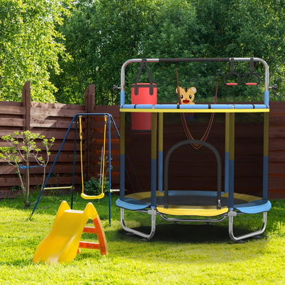 Kids Trampoline with Enclosure and Gymnastics Bar – 60" Height Adjustable Safety Net Trampoline for Toddlers Ages 3+, Indoor Outdoor Active Play with Toys Included | Best Birthday Gift