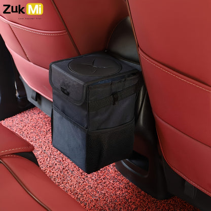 Hanging Car Trash Can with Lid & Storage Pockets - Leak-Proof Polyester Fiber Automotive Garbage Bin for Headrest & Console, Multi-Purpose Vehicle Waste Bag, Black