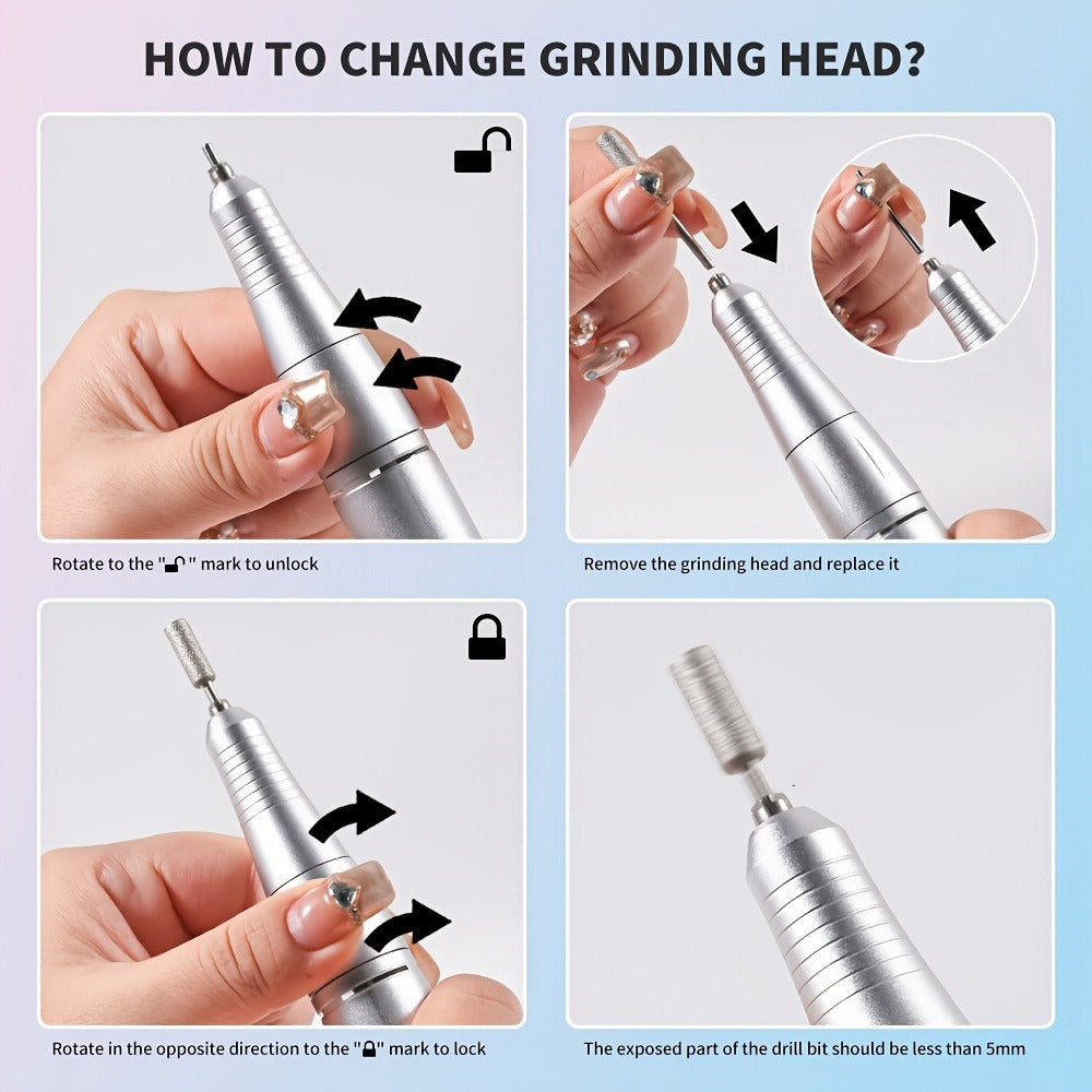 Electric Nail Drill Kit 45000 RPM LCD Display USB Rechargeable Portable E-File Acrylic Gel Removal Polishing Forward Reverse Low Noise Home Salon Manicure Pedicure Gradient Grey White