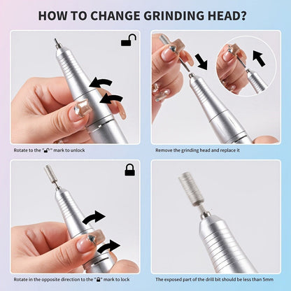 Electric Nail Drill Kit 45000 RPM LCD Display USB Rechargeable Portable E-File Acrylic Gel Removal Polishing Forward Reverse Low Noise Home Salon Manicure Pedicure Gradient Grey White