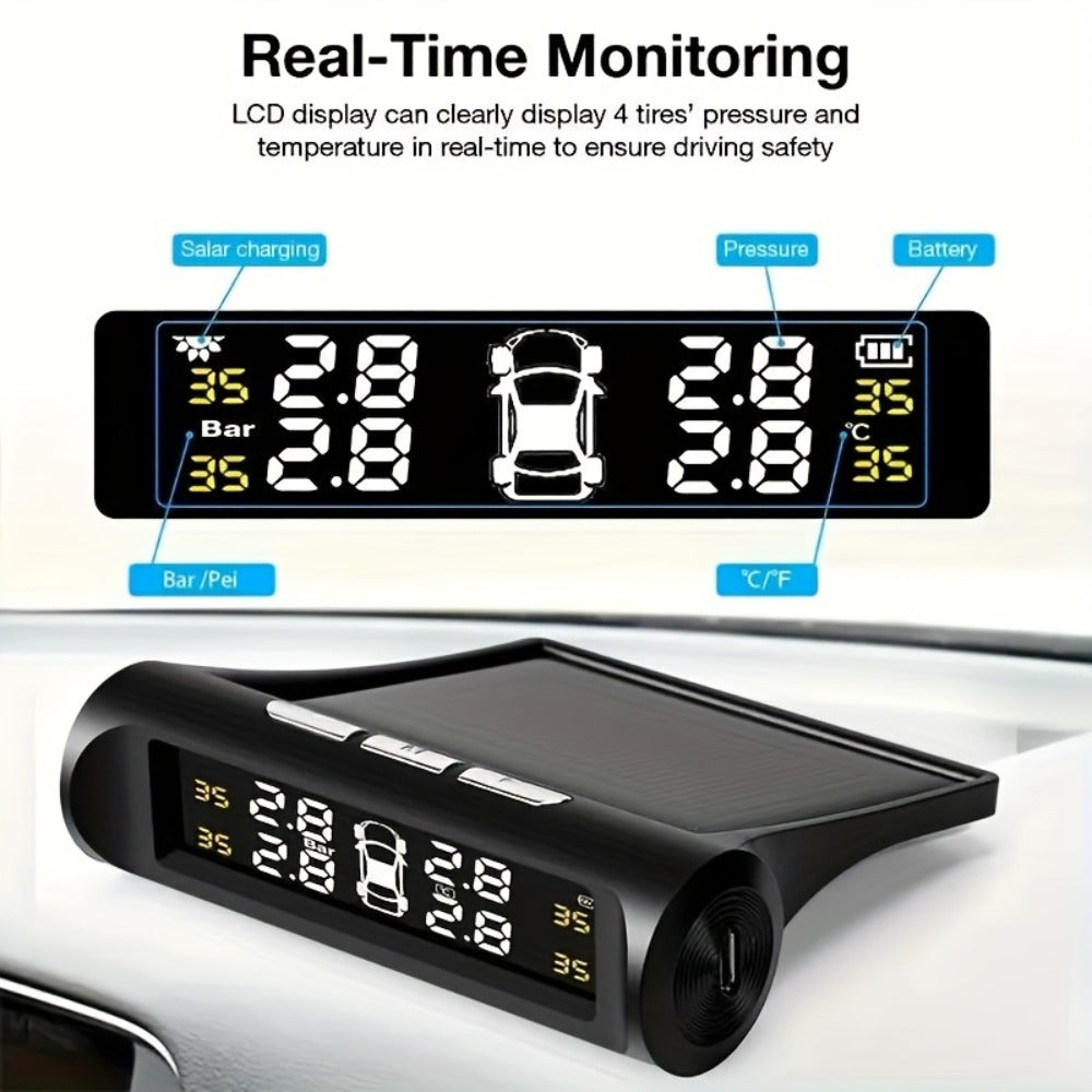 TPMS Tire Pressure Monitor Solar & USB Powered – Real-Time LCD Display, 6-Mode Auto Alarm, Windshield Mount, Day & Night Readable, SCBLAZE Car Tire Pressure Monitoring System