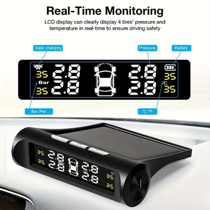 TPMS Tire Pressure Monitor Solar & USB Powered – Real-Time LCD Display, 6-Mode Auto Alarm, Windshield Mount, Day & Night Readable, SCBLAZE Car Tire Pressure Monitoring System