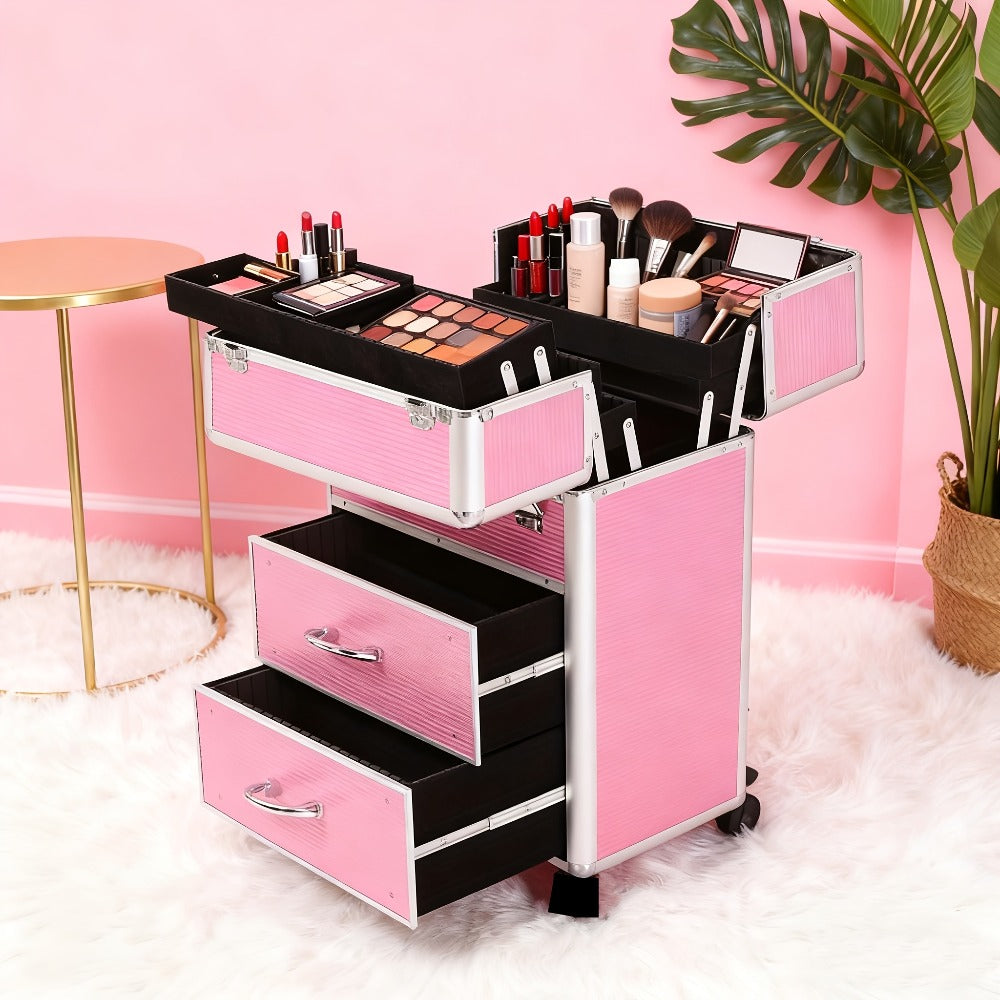 Makeup Train Case 4 Tier Lockable with Extendable Trays Large Capacity Cosmetic Organizer Box for Makeup Artists Salon Professional Beauty Storage Portable Travel Case Pink