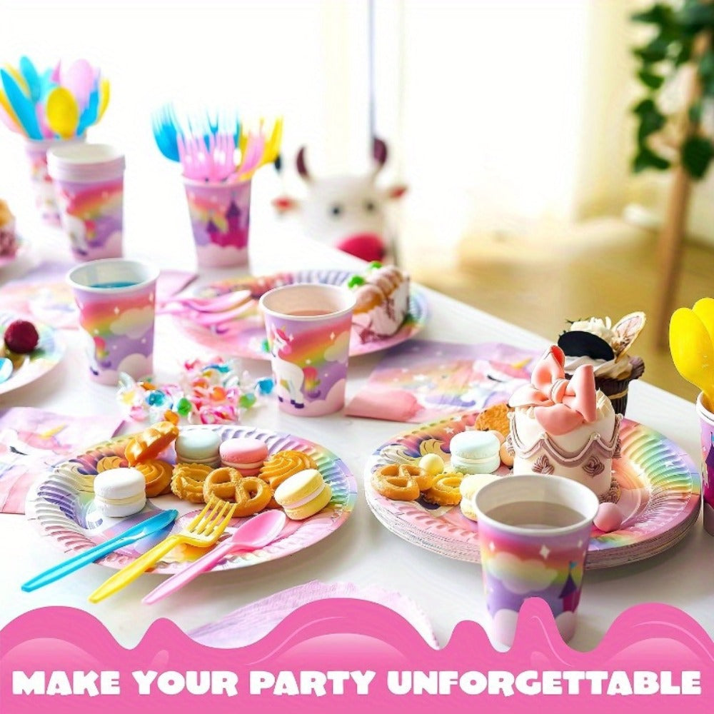 Unicorn Party Supplies 145 Pcs for 24 Guests – Disposable Tableware Set with Plates Cups Napkins Cutlery & Happy Birthday Banner for Unicorn Theme Birthday Party Decorations & Celebrations