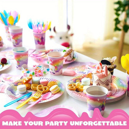 Unicorn Party Supplies 145 Pcs for 24 Guests – Disposable Tableware Set with Plates Cups Napkins Cutlery & Happy Birthday Banner for Unicorn Theme Birthday Party Decorations & Celebrations