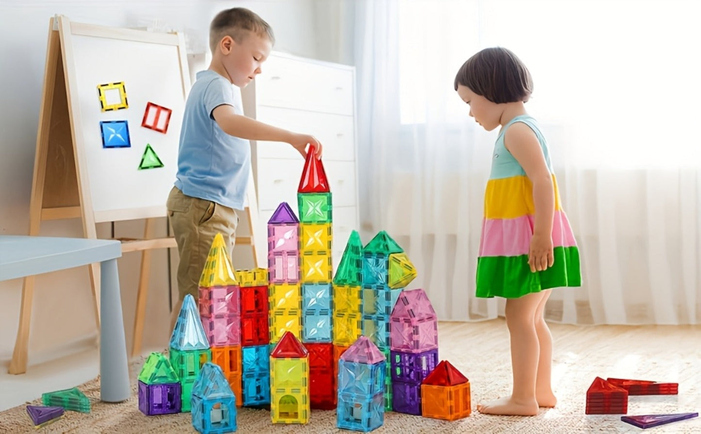 Magnetic Tiles 120pcs with 2 Toy Cars for Kids Ages 3 4 5 6 – Deluxe 3D Magnet Building Blocks Stacking Ramp Set STEM Educational Toy Creative Birthday Christmas Gift Boys Girls