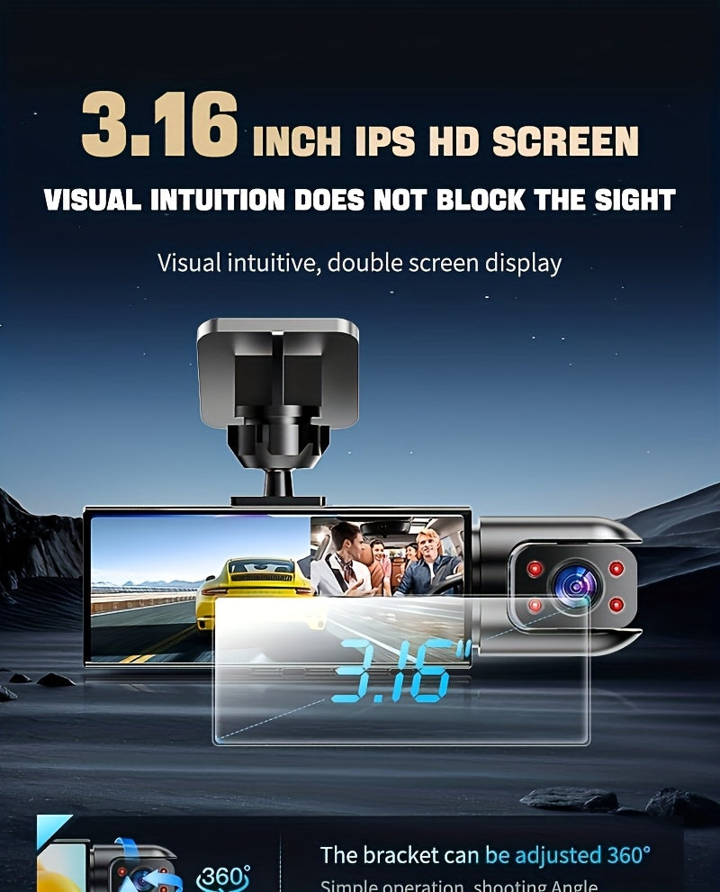 PODOFO Dual Camera Car Dash Cam, Front 1080P Built-in 480P with Infrared Night Vision, Loop Recording, Wide Angle 3.16-inch IPS Screen, HD Night Vision, Dual Lens Car Dashboard Camera, Car Accessories/Dashboard Camera/Gift/Car Black Box