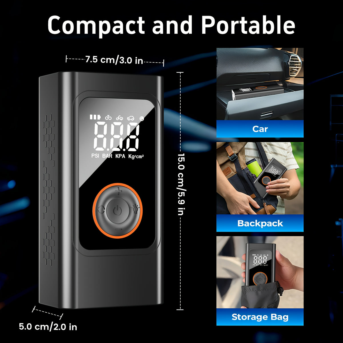 Portable Tire Inflator - 150PSI Air Compressor with Preset Pressure Auto-Stop, USB-C Fast Charge And LED Light, Multi-Mode for Car, Moto, Bike, Ball, Air Pump Ideal for Car