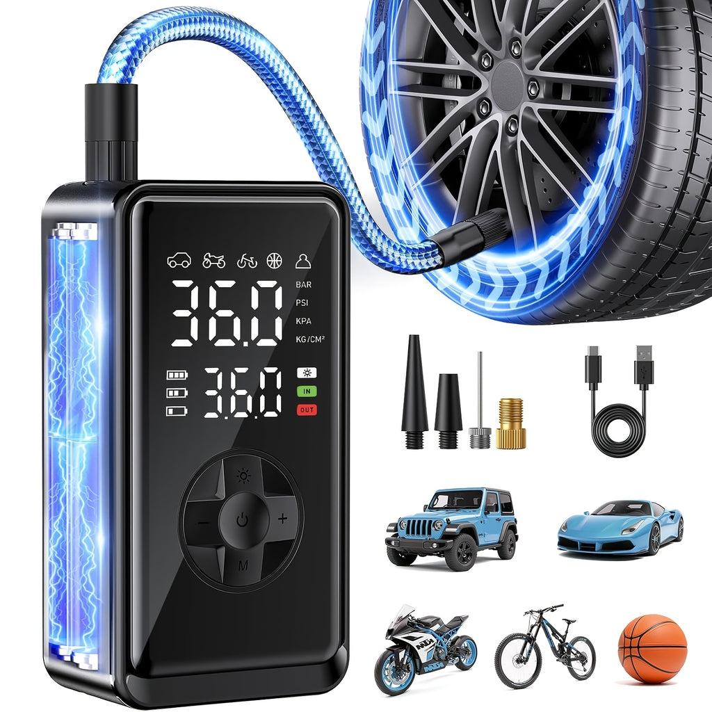 Portable Air Compressor | 150PSI Cordless Tire Inflator with Digital Pressure Gauge and LED Light, USB Charging, Quick Charge, Lithium Polymer Battery, for Car, Moto, Bicycle, Roadside Assistance and Emergency Support in All Terrains