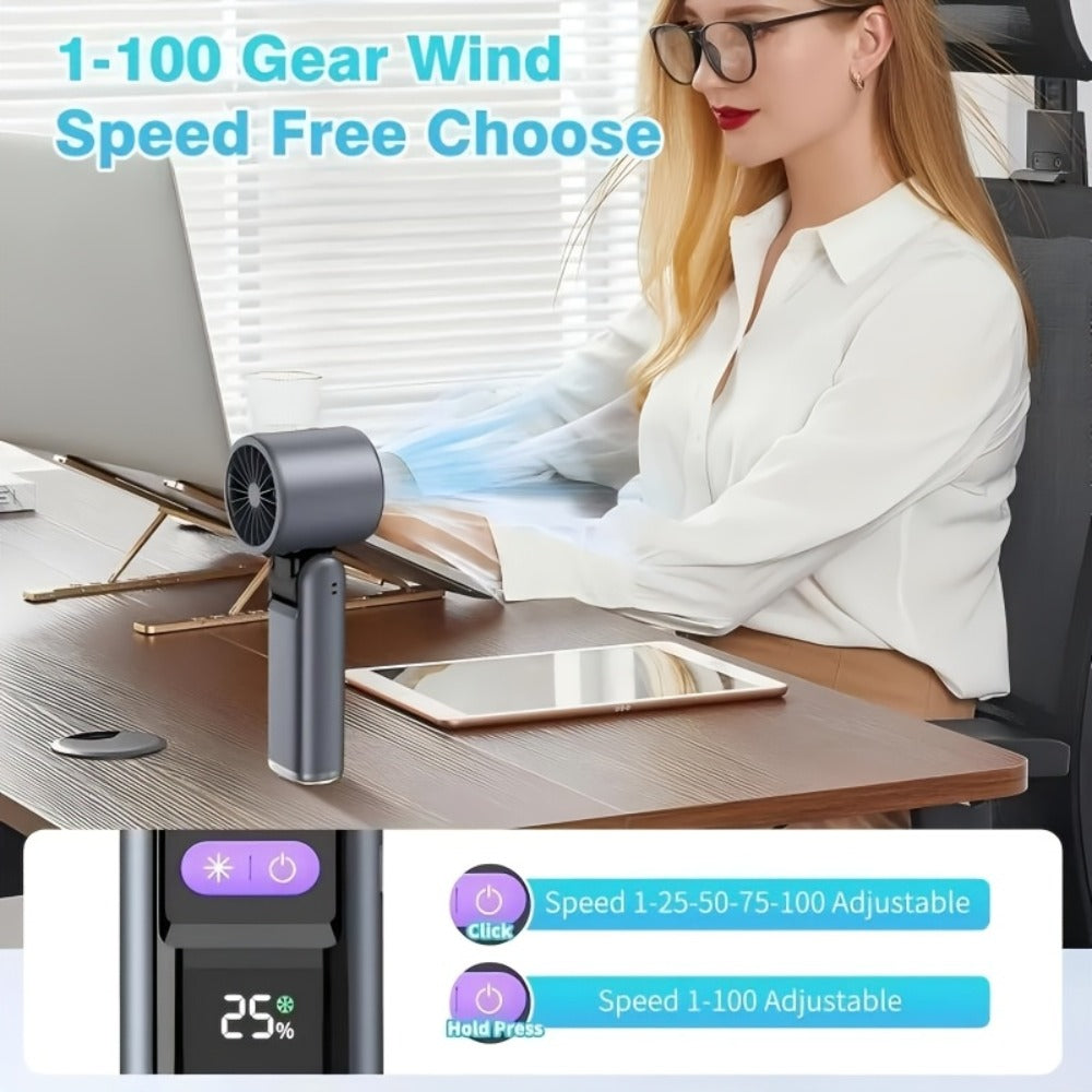Handheld Ice Pack Fan High-Speed Semiconductor Cooling | 100-Speed Digital Display Turbo Fan with LED Light, Foldable Portable Design for Outdoor, Travel & Daily Use – Purple, Beige, Pink, Black & White