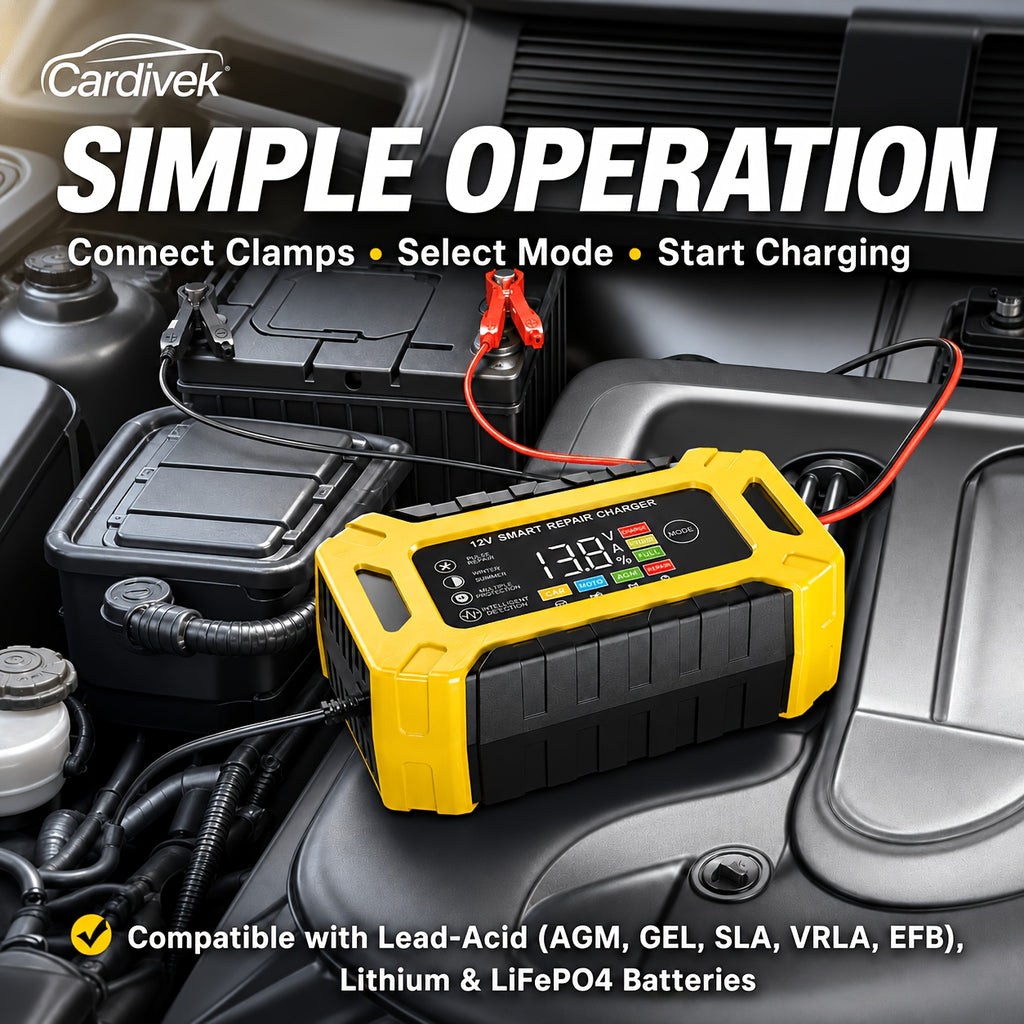 [Cardivek Car Battery Charger 12V 6A]For Car, Truck, Motorcycle, Lawn Mover, And Marine - Maintain And Extends Battery's Life. Flame Retardand Material And Desulfator with Temperature Conpensation