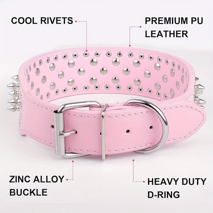 Spiked Dog Collar Faux Leather Mushroom Rivet Studded Adjustable Wide Punk Style for Pitbull Mastiff Bulldog Husky Rottweiler Medium Large Dogs M L 6 Colors